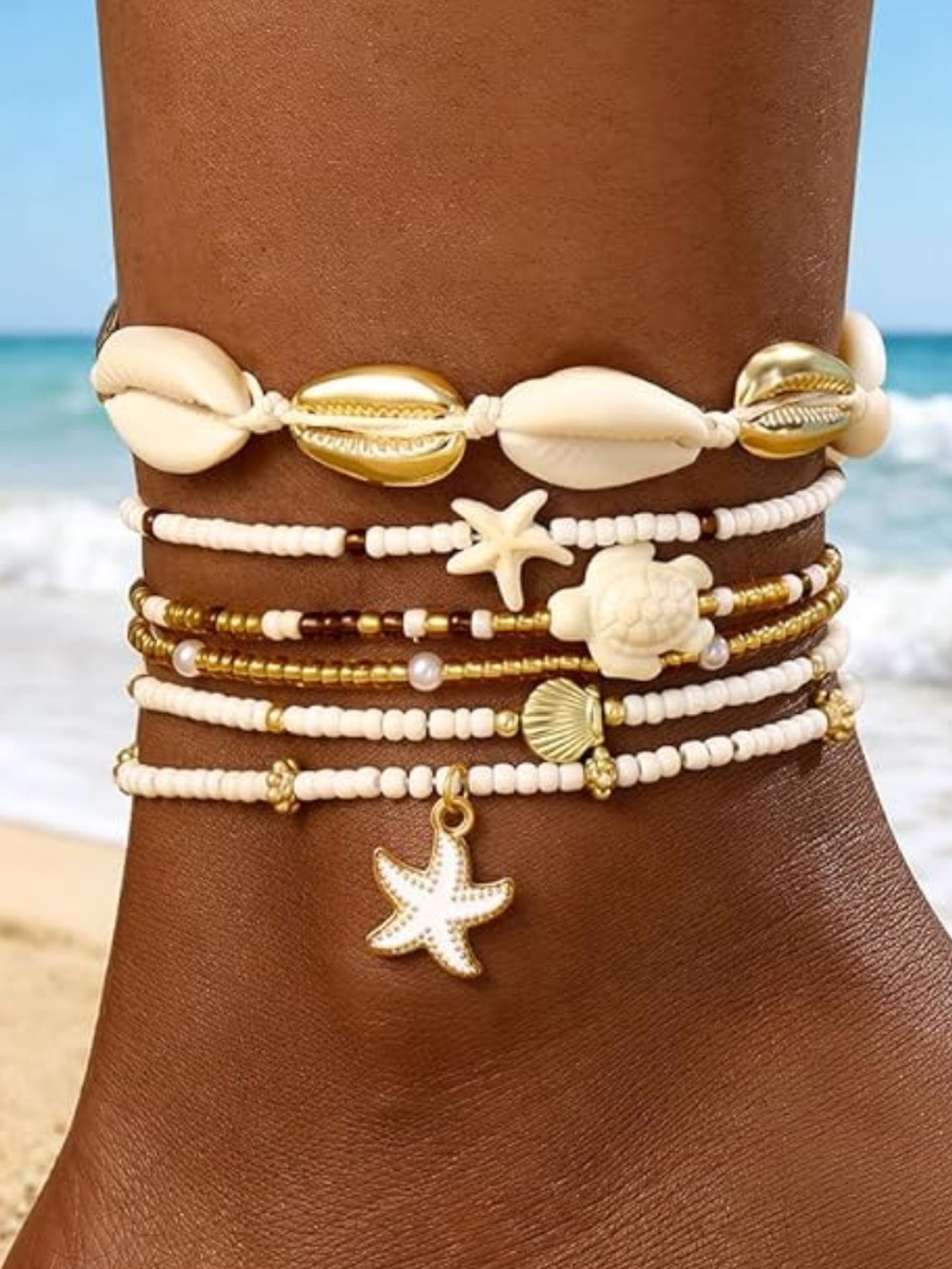 Boho Beach Shell & Starfish Anklet Set in Cream and Gold